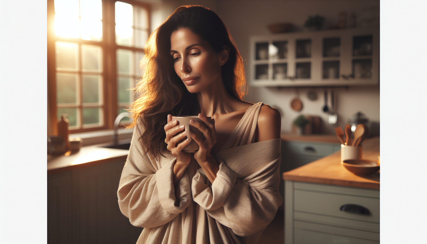 Woman in comfortable clothing with a calm, thoughtful expression, warm morning light