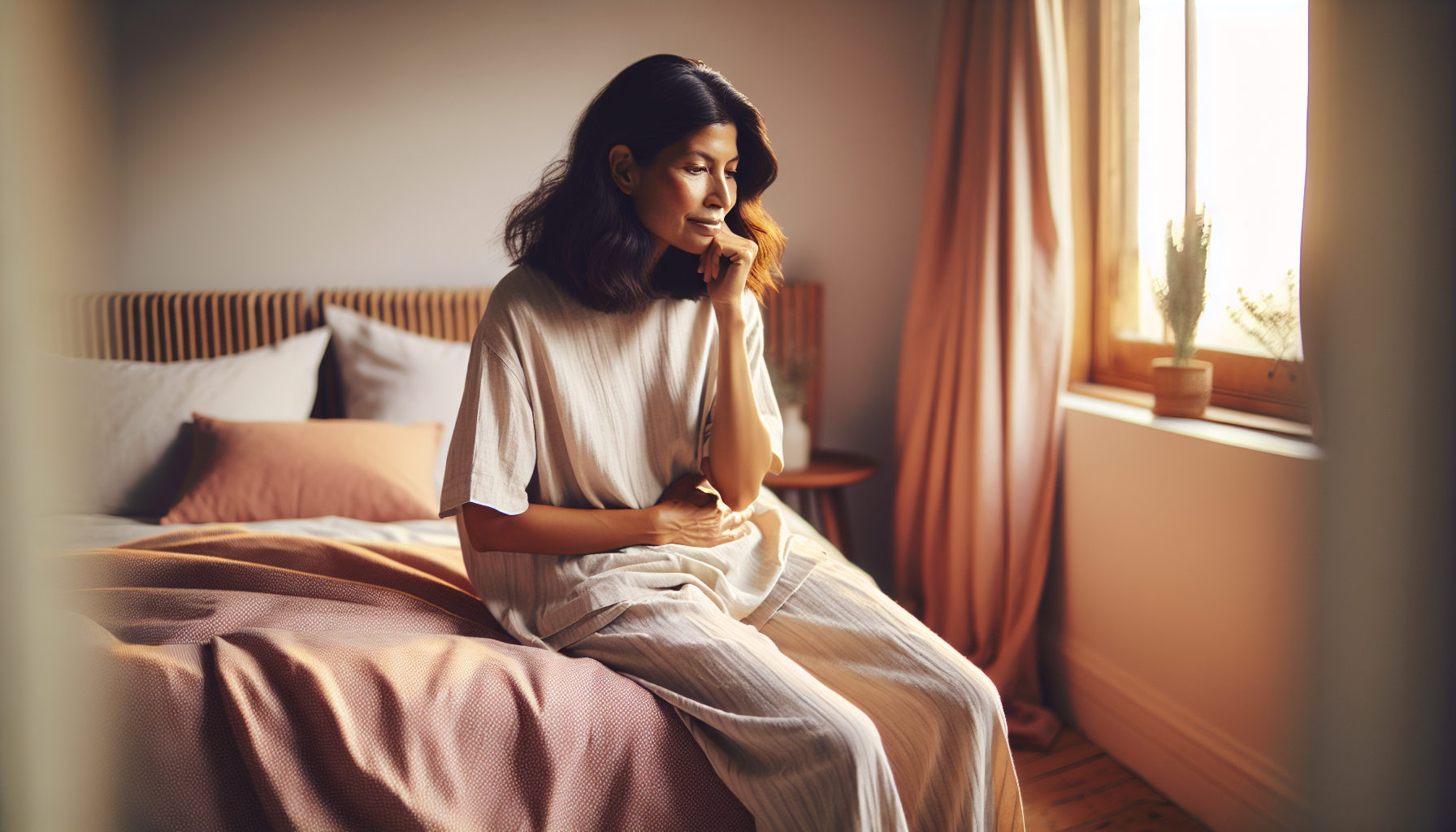 Woman sitting on bed in morning light, thoughtful, hand on abdomen