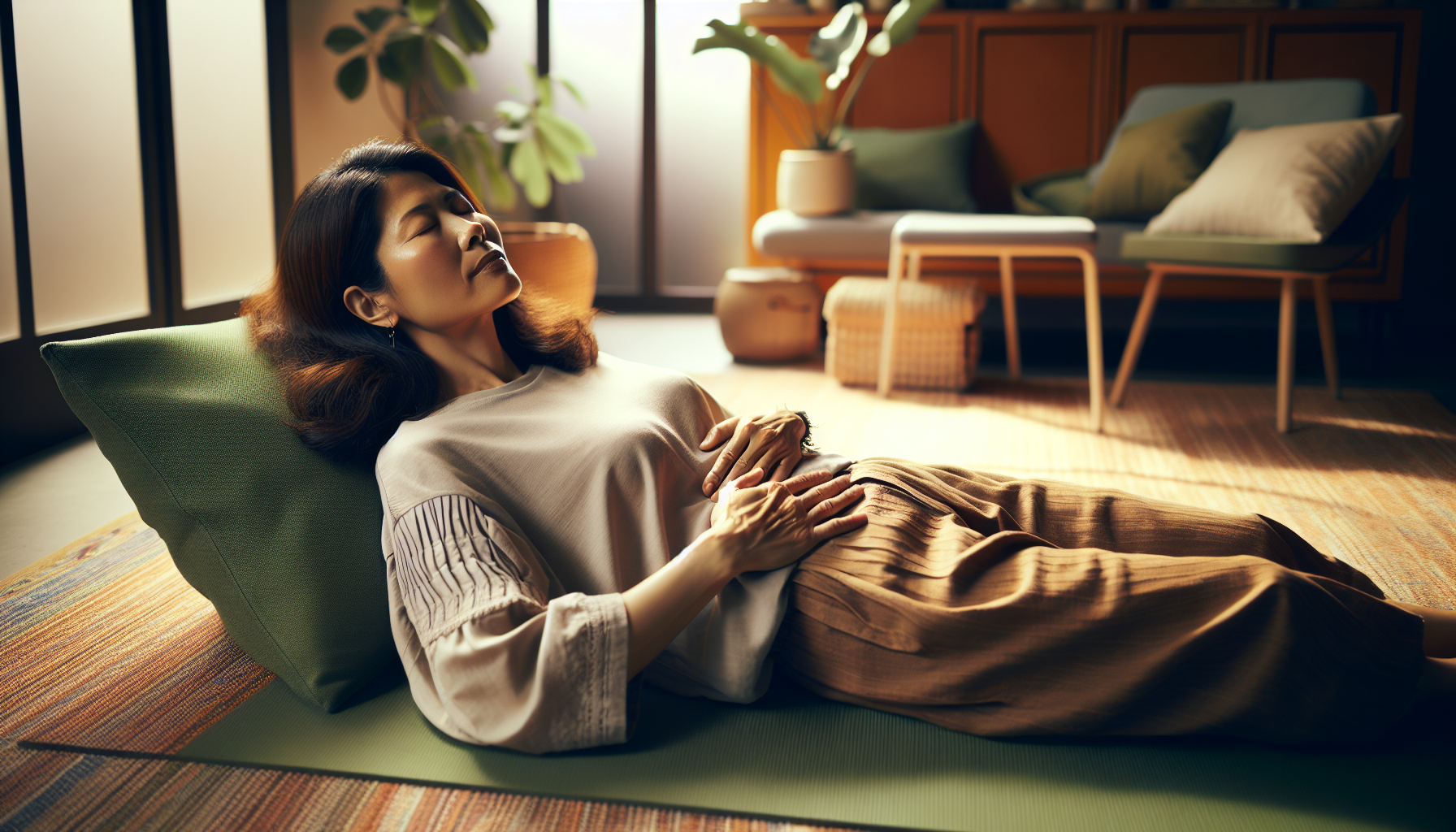 Woman doing breathwork and pelvic floor exercises at home