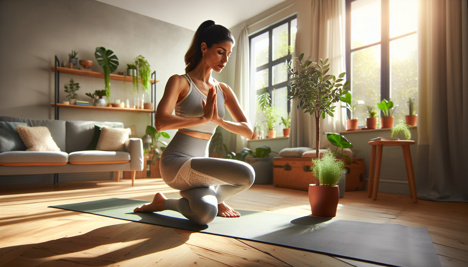 Woman doing gentle yoga exercises at home for pelvic floor health