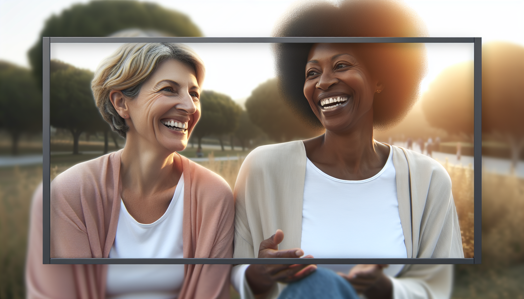 Two women laughing outdoors — perimenopause bladder leakage