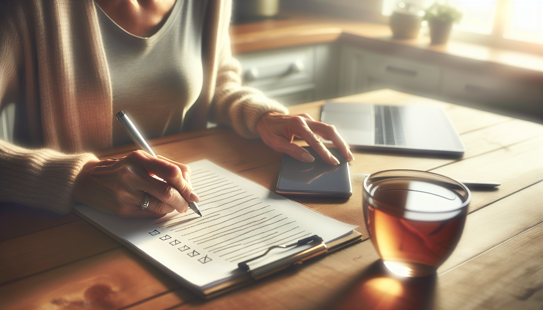 Woman writing perimenopause symptoms checklist at kitchen table
