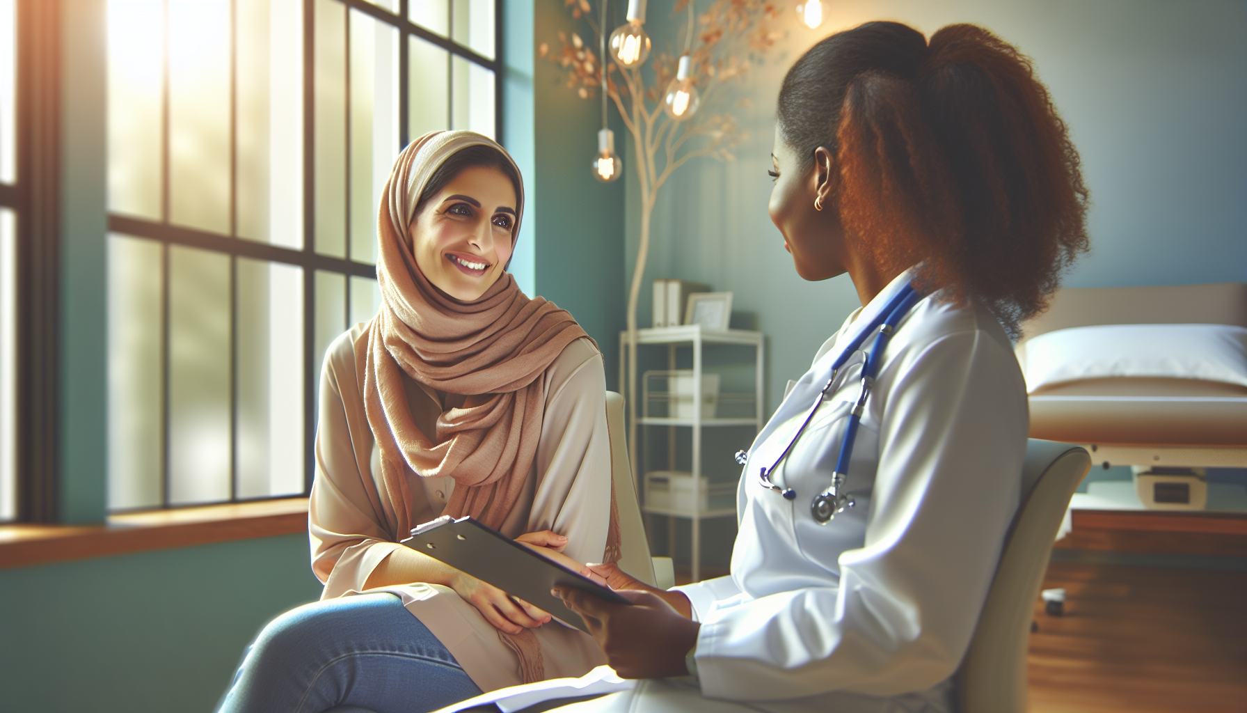 Woman having a warm, reassuring conversation with a healthcare professional in a clinic