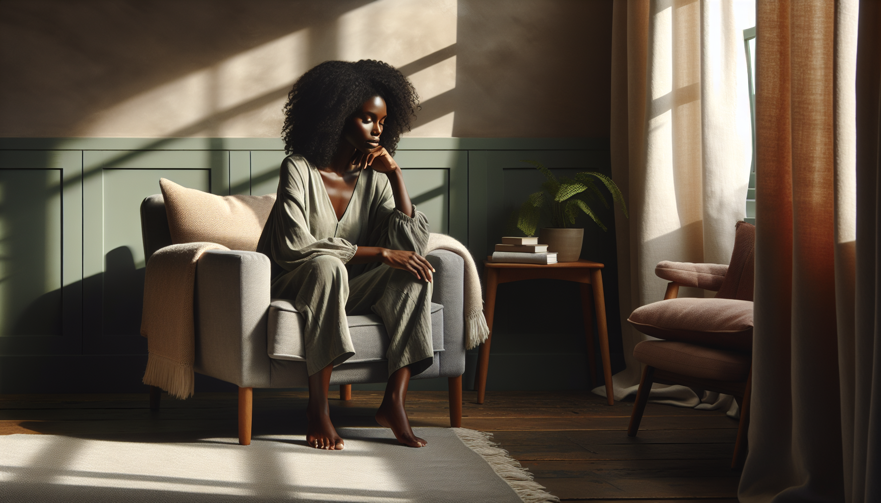Woman sitting calmly in armchair at home, soft afternoon light