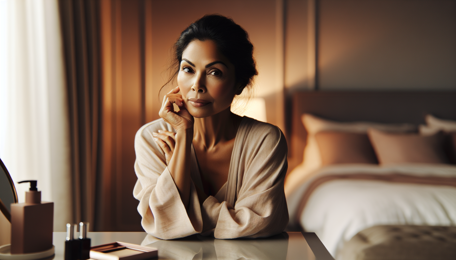 Woman sitting at vanity in soft bedroom light, calm and self-assured