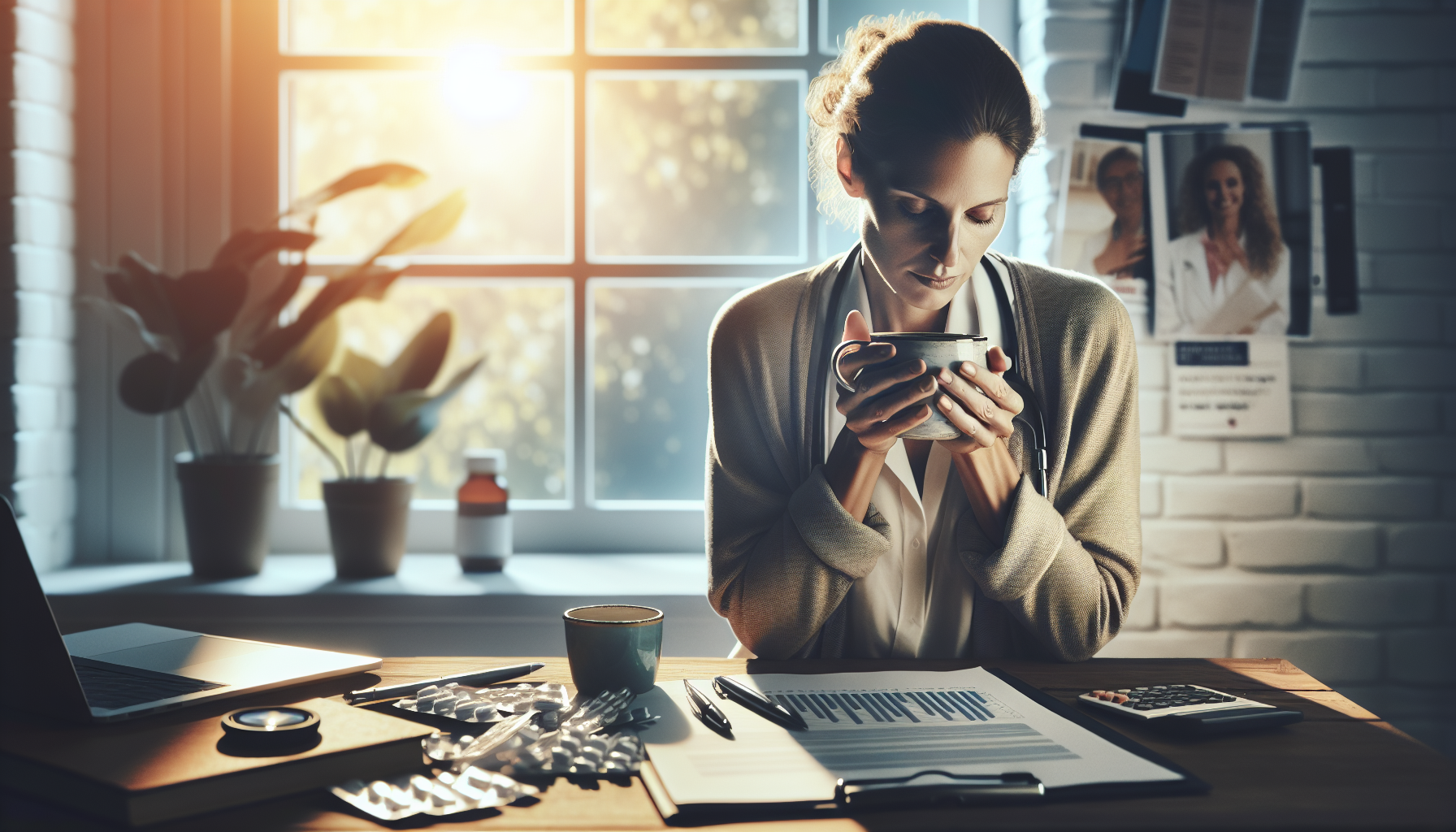 Woman in her 40s looking fatigued at her desk — thyroid symptoms in women over 40