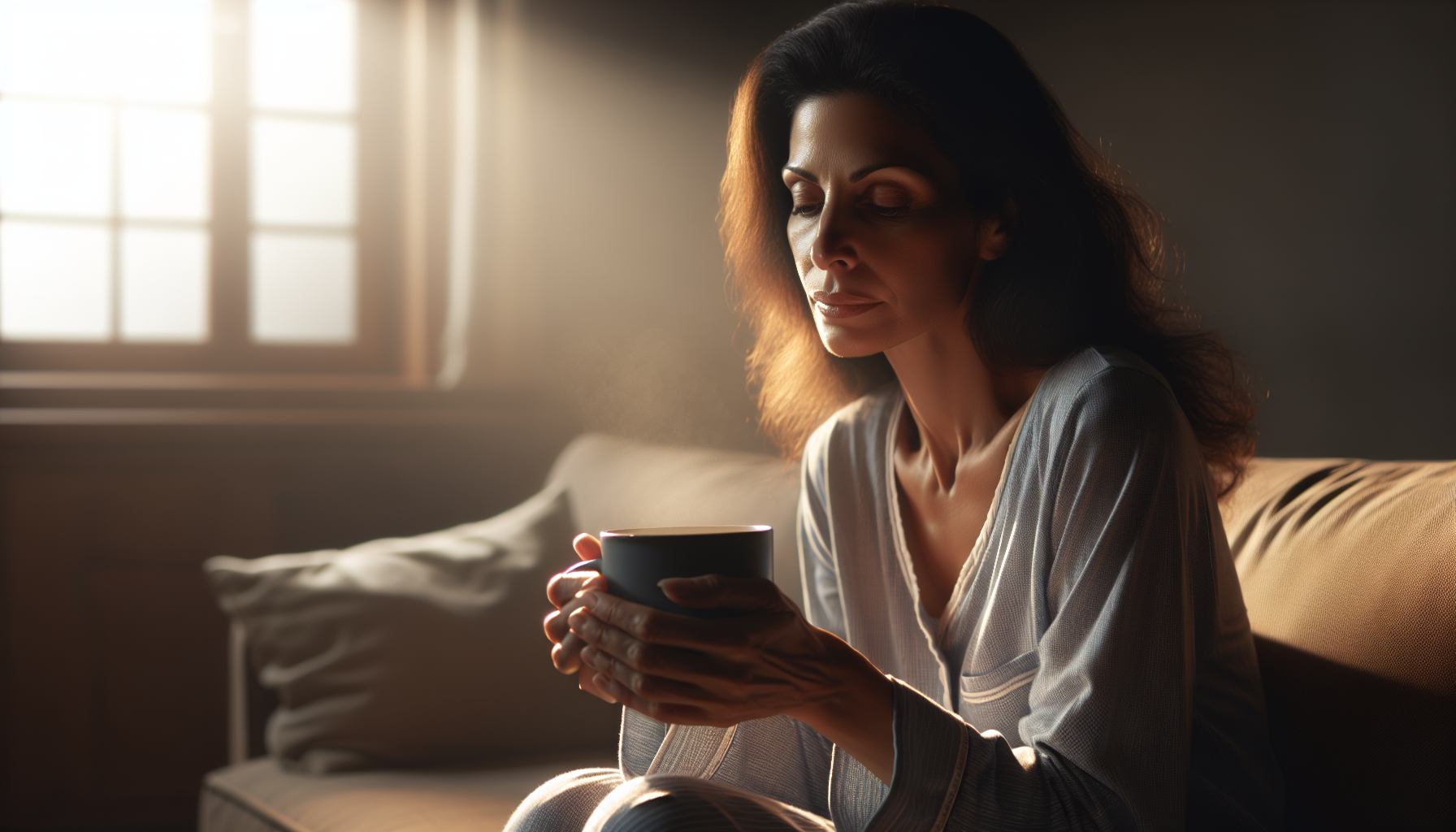 Exhausted woman in her 40s sitting on a couch with coffee
