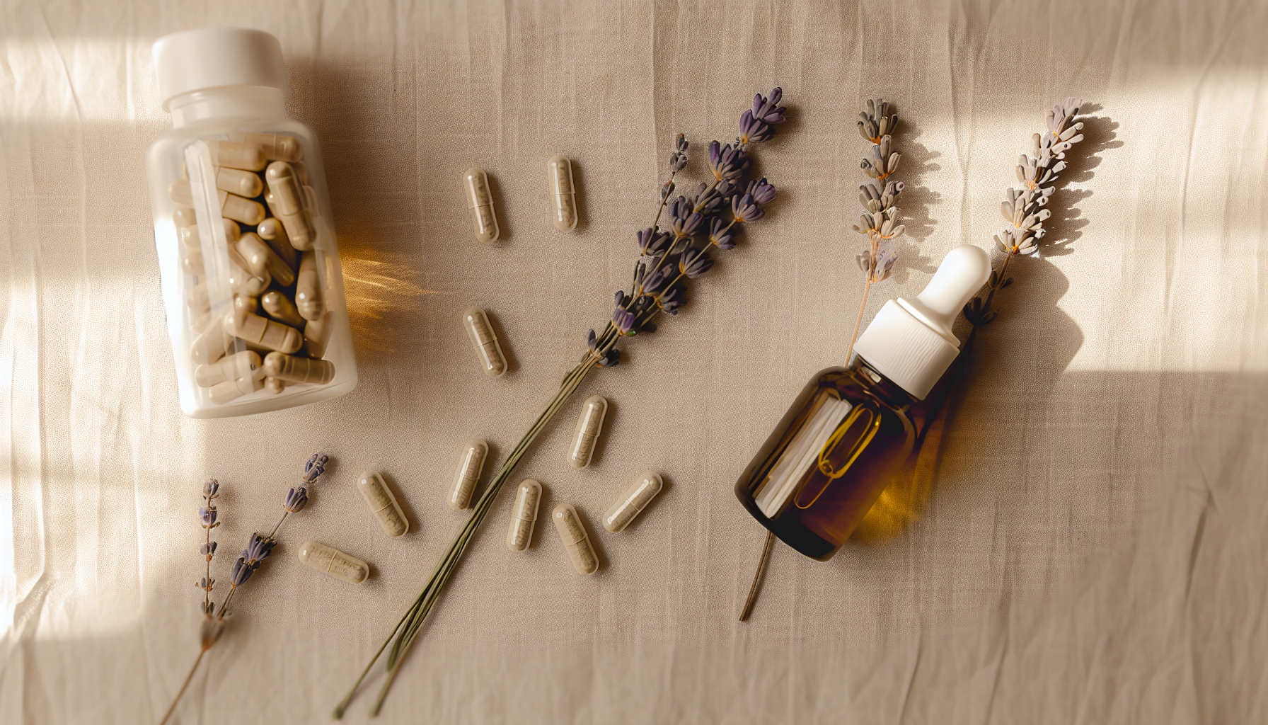 Wellness supplements, dried lavender sprigs, and a small glass bottle arranged on pale linen — warm flat lay