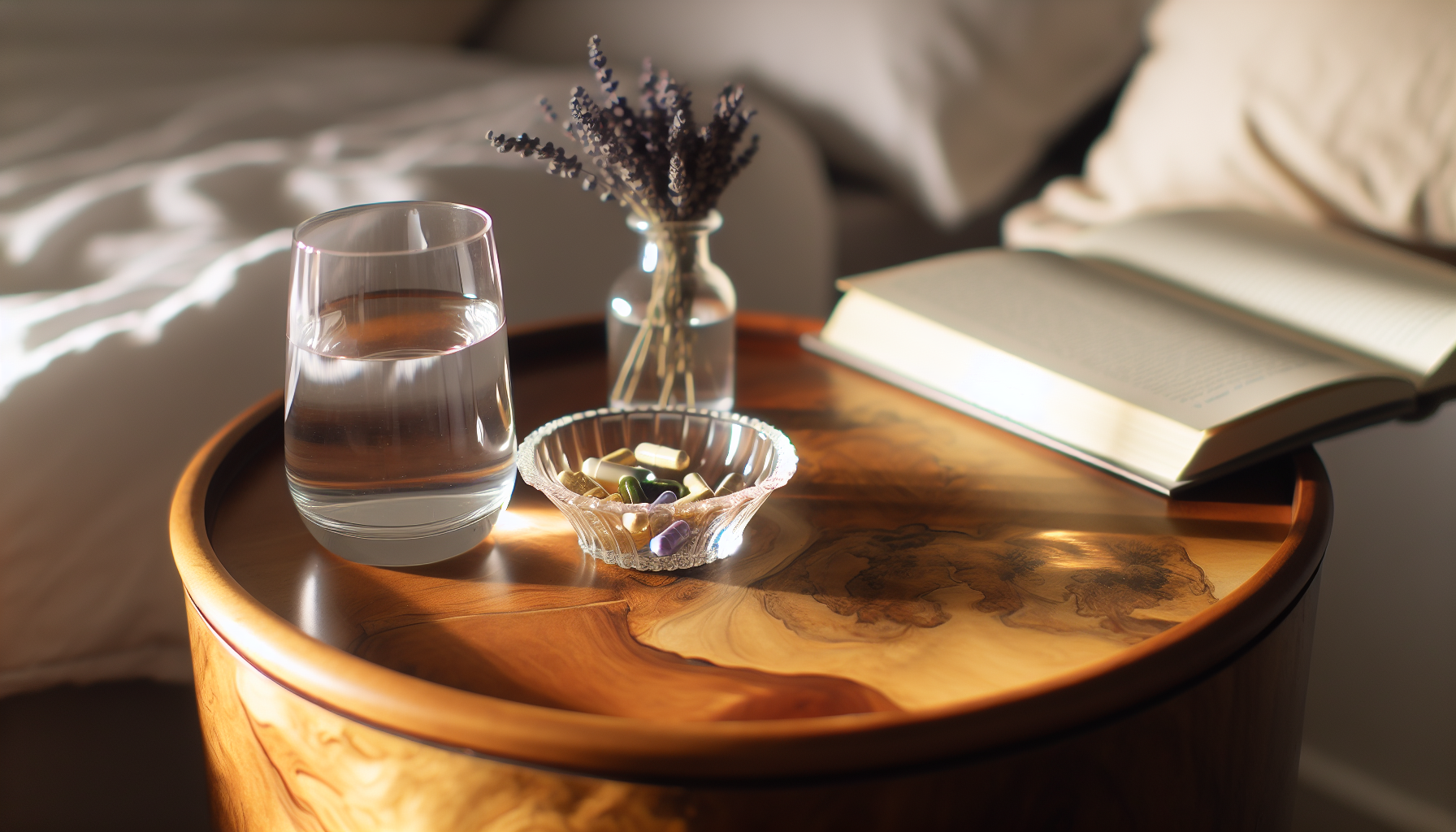 Morning wellness still life — a glass of water, supplement capsules in a small dish, dried lavender, and an open journal on a warm wooden surface in soft morning light