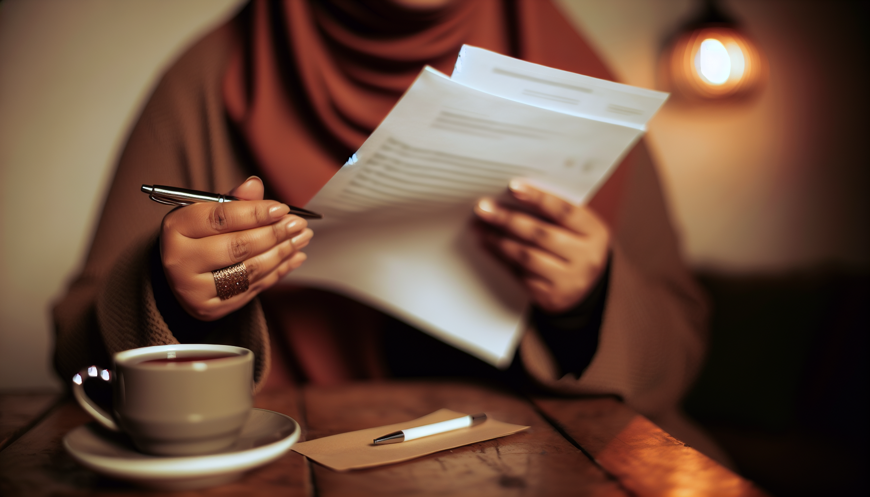 Close-up of a woman's hands holding a printed lab results sheet, with a cup of herbal tea on the table beside her