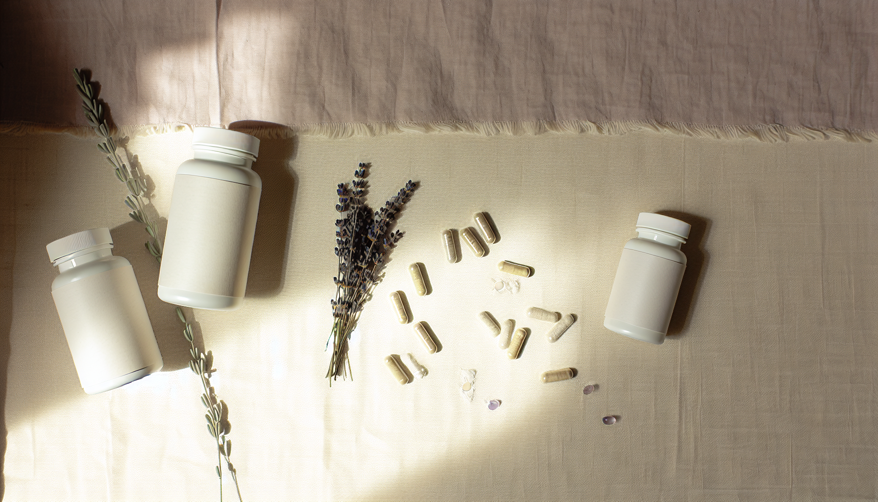 Supplement bottles on pale linen with dried lavender sprigs and capsules — a warm, editorial product still life